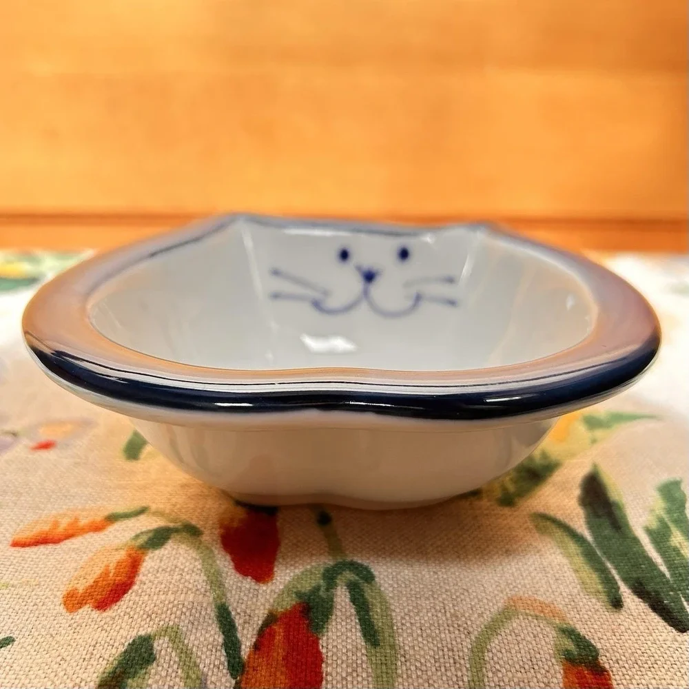 VTG 90s Takahashi San Francisco Ceramic Blue Fat Chubby Happy Cat Food Bowl Dish